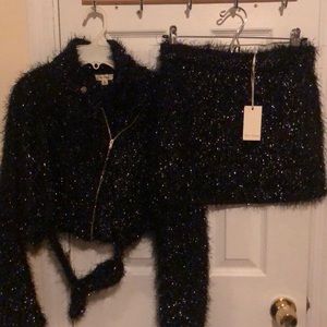 Black Shiny Crop Jacket & Skirt